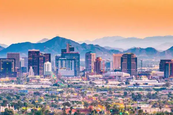Skyline of Phoenix, AZ at sunset