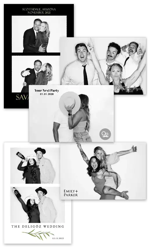 "Event photo collage by Ooh la la Booths in Phoenix and Scottsdale, AZ, featuring themed backdrops and group shots.