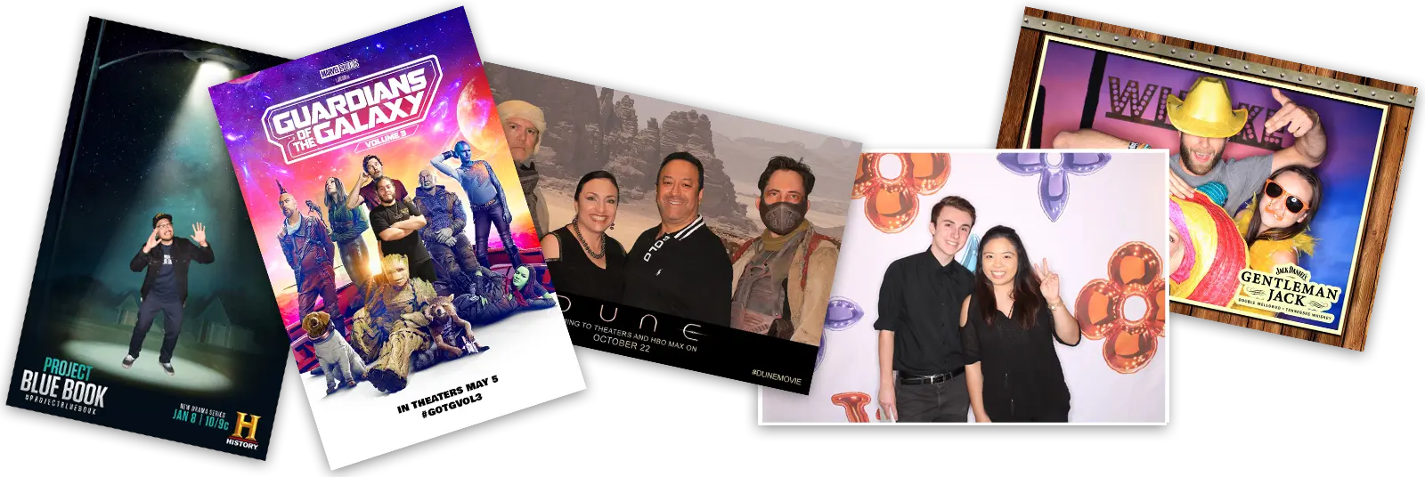 Corporate Photo Booth Arizona - Themed Event Snapshots Corporate event photo booth snapshots from various themed promotions in Arizona, including Guardians of the Galaxy, Dune, and Project Blue Book backdrops