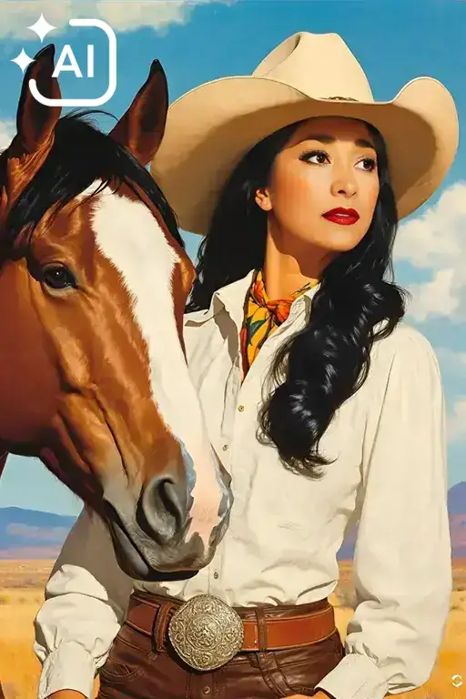 AI photo booth showing woman transformed as cowgirl with horse in Arizona desert landscape