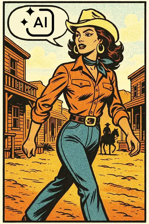 Comic-style AI image of guest in Western setting with retro styling