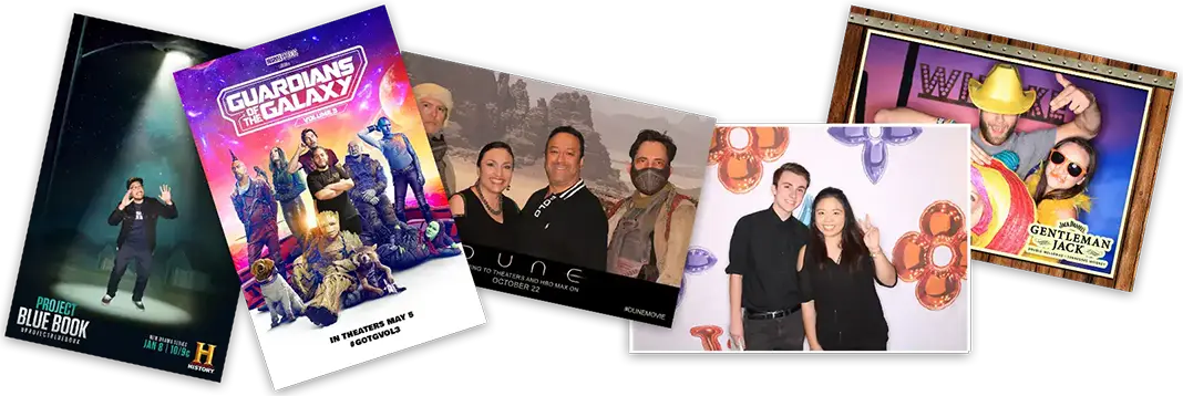 Guests enjoying themed and branded photo booth activations including Guardians of the Galaxy, Dune, and Gentleman Jack in Scottsdale and Phoenix.