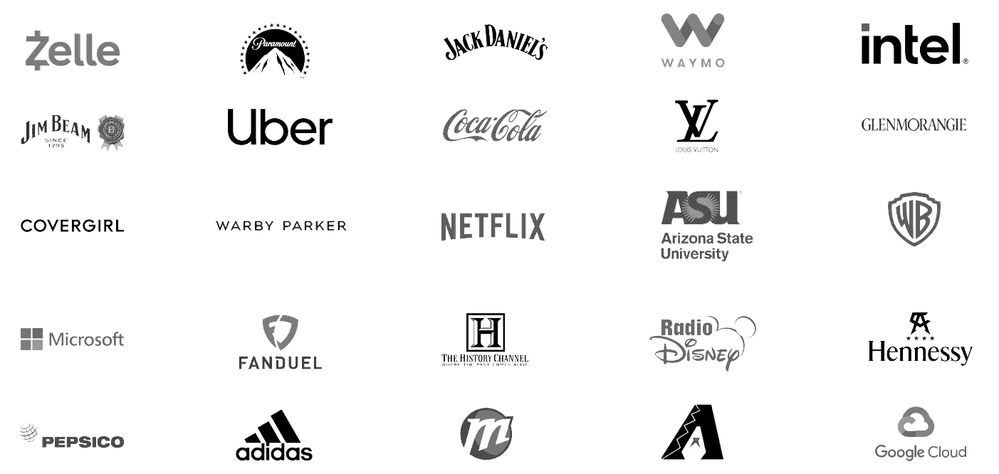 Logos of trusted photo booth clients in Arizona including Disney, Netflix, Adidas, Google Cloud, Coca-Cola, and Louis Vuitton.