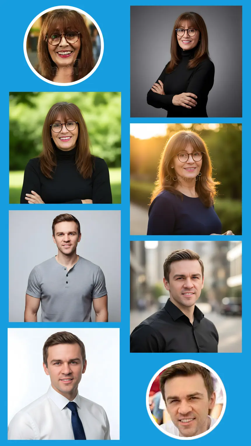 Collage of AI-generated LinkedIn headshots showing professional men and women with studio-style lighting and clean backgrounds<br />
