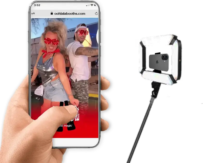 Guest viewing 360 photo booth video on smartphone showing oohlalabooths.com instant delivery alongside professional camera rig — Ooh La La Booths Phoenix Scottsdale Arizona