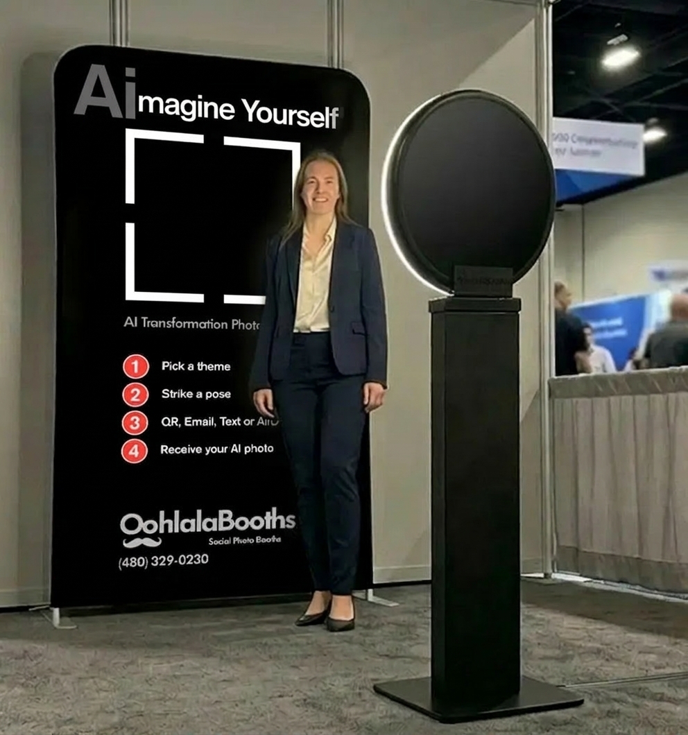 Guest posing for portrait at AI photo booth with ring light during Phoenix corporate event