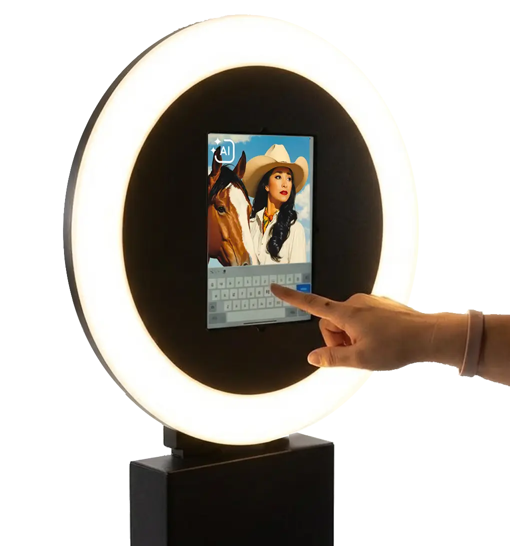 Guest taking portrait photo at AI photo booth during Phoenix event