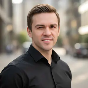 AI-enhanced professional headshot created at corporate event photo booth