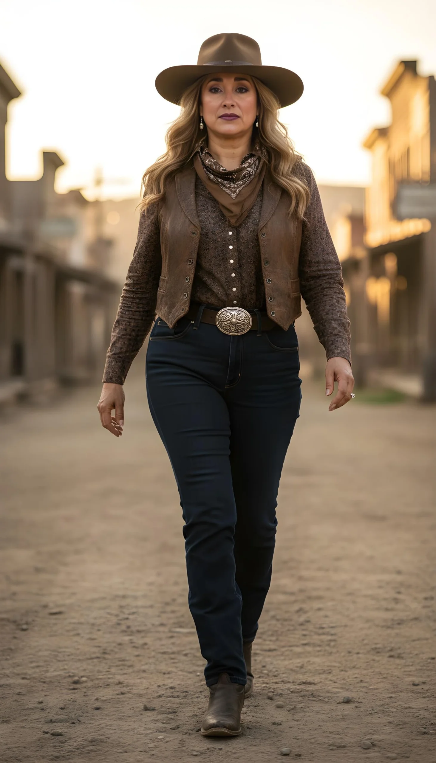 AI photo booth transformation showing guest styled as a western cowgirl walking through an Old West town scene