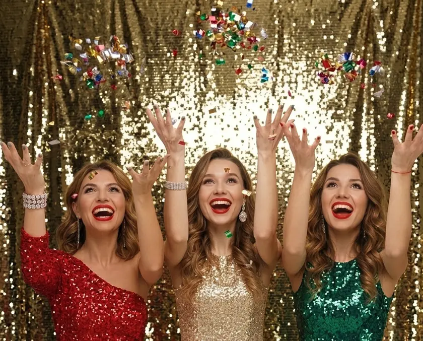 Three guests in sequin dresses throwing confetti with arms raised at GIF photo booth session — Ooh La La Booths GIF and boomerang booth Phoenix Scottsdale Arizona