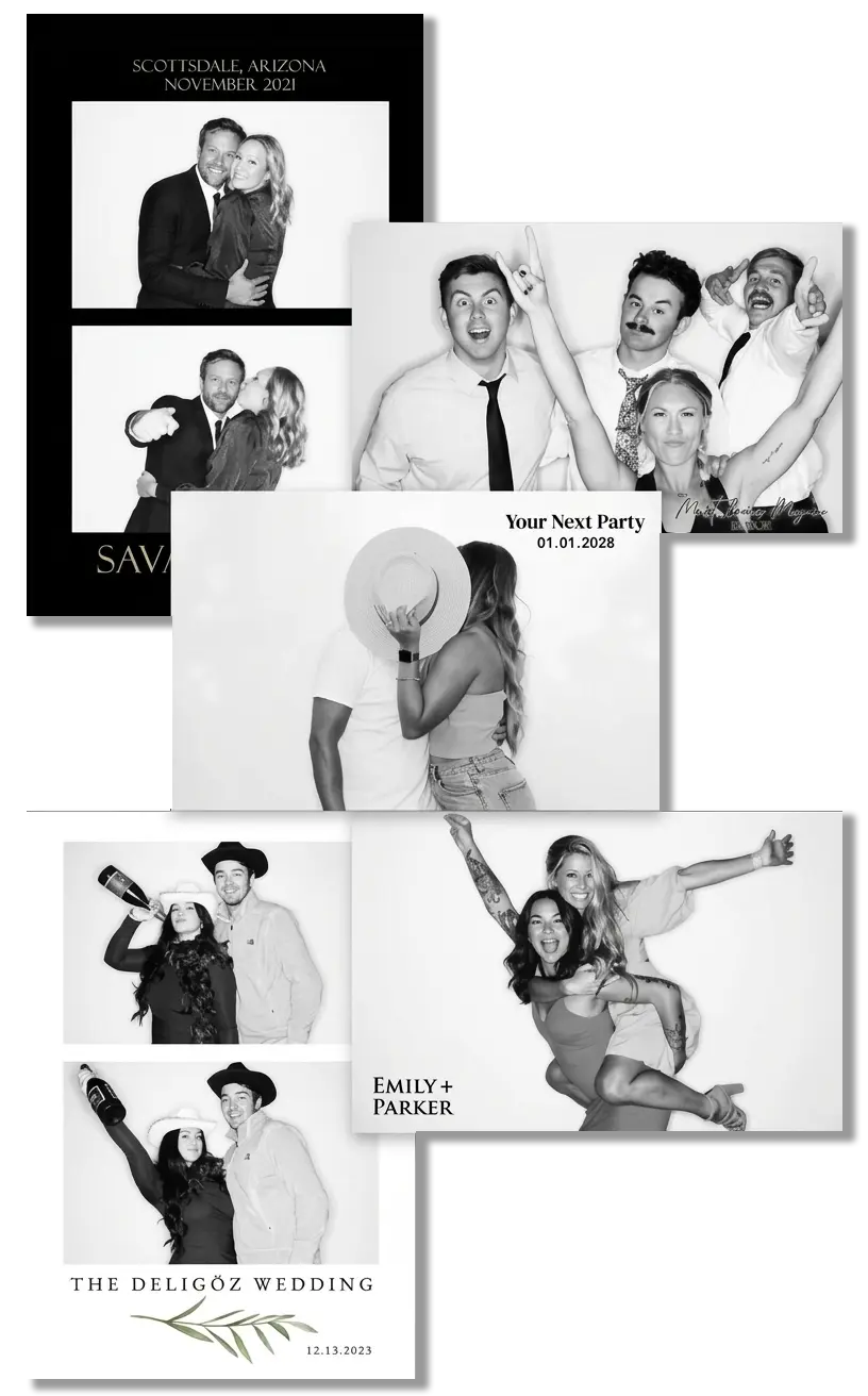 Black and white glam photo booth wedding portraits with guests posing at a Scottsdale Arizona event