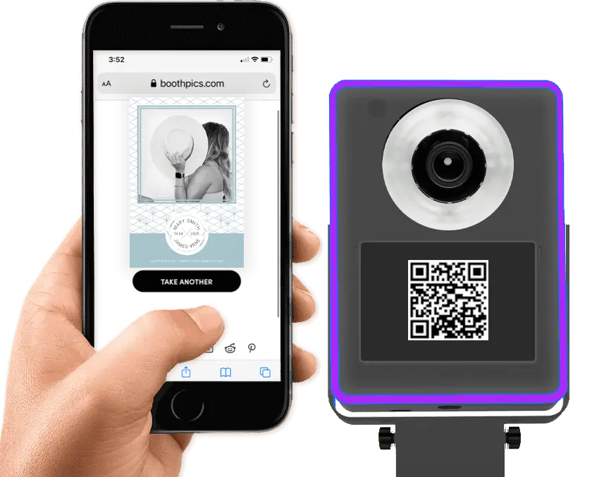 glam photo booth camera and phone showing instant QR code photo download at an Arizona event