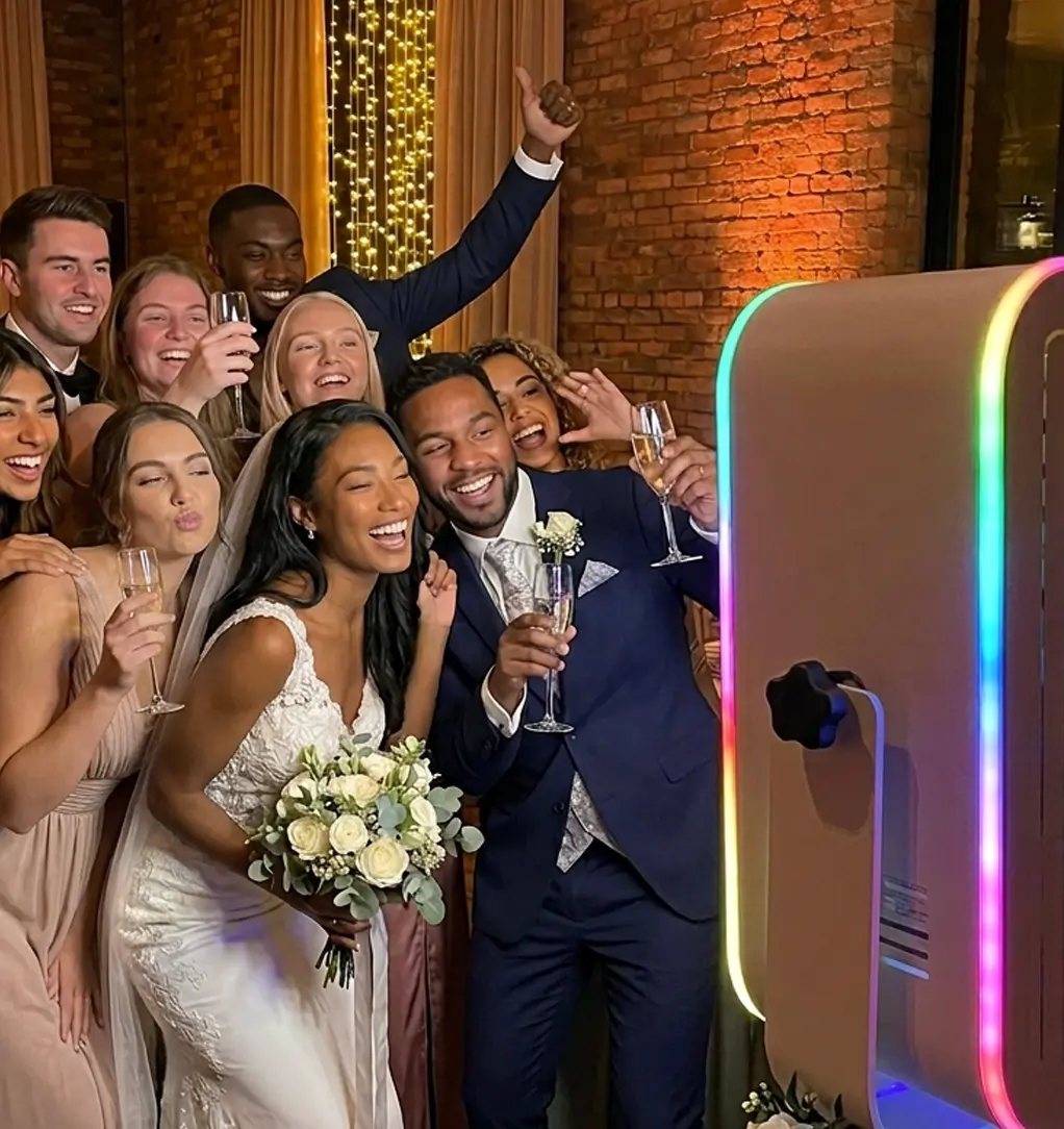 Large group of wedding guests posing at an open-air photo booth with RGB LED lighting at an upscale Phoenix event — Ooh La La Booths photo booth rental Arizona