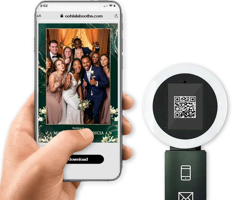 glam photo booth camera and phone showing instant QR code photo download at an Arizona event