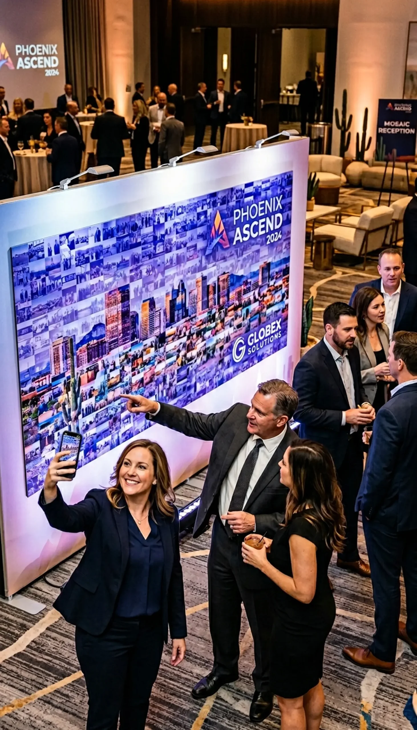 Large group of guests posing at an open-air photo booth with RGB LED lighting at an upscale Phoenix event — Ooh La La Booths photo booth rental Arizona