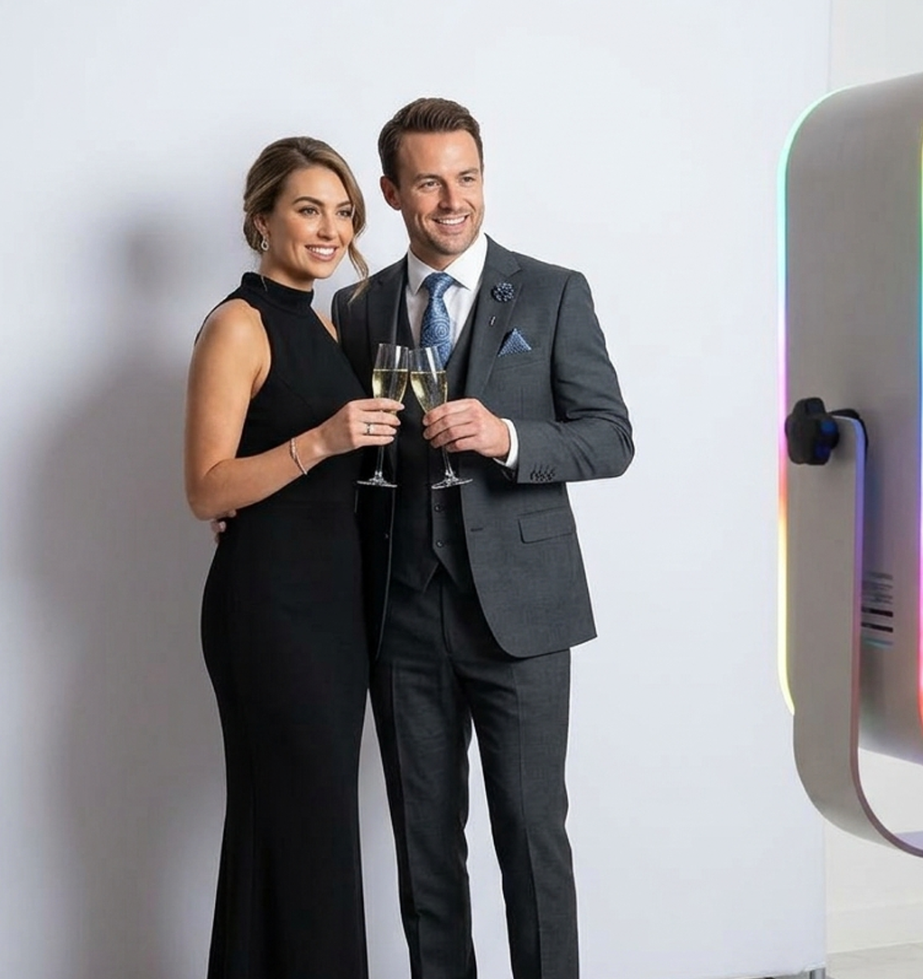 Large group of wedding guests posing at an open-air photo booth with RGB LED lighting at an upscale Phoenix event — Ooh La La Booths photo booth rental Arizona