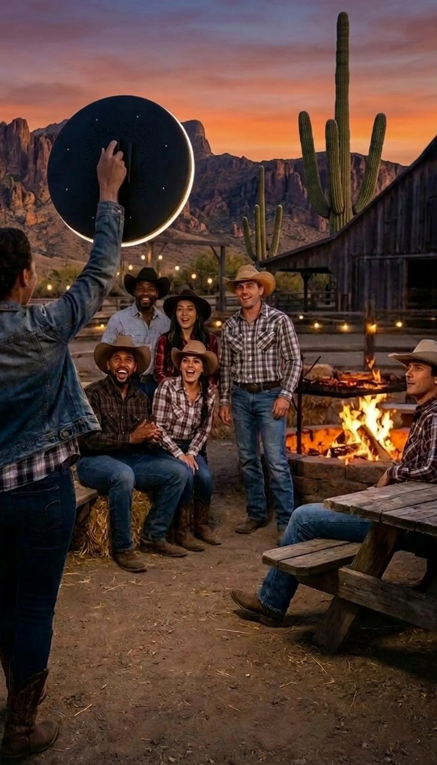 Roaming photo booth attendant with ring light approaching group of guests at Arizona ranch sunset event — Ooh La La Booths roaming booth rental Phoenix Scottsdale