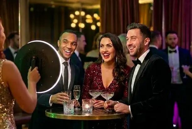 Roaming photo booth attendant approaching guests at cocktail table with ring light at upscale corporate gala — Ooh La La Booths roaming booth Phoenix Scottsdale Arizona