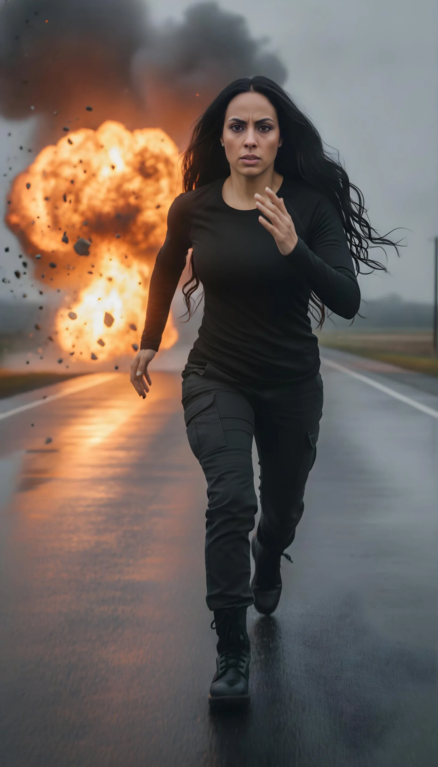 Woman transformed into an action movie hero running from a cinematic explosion