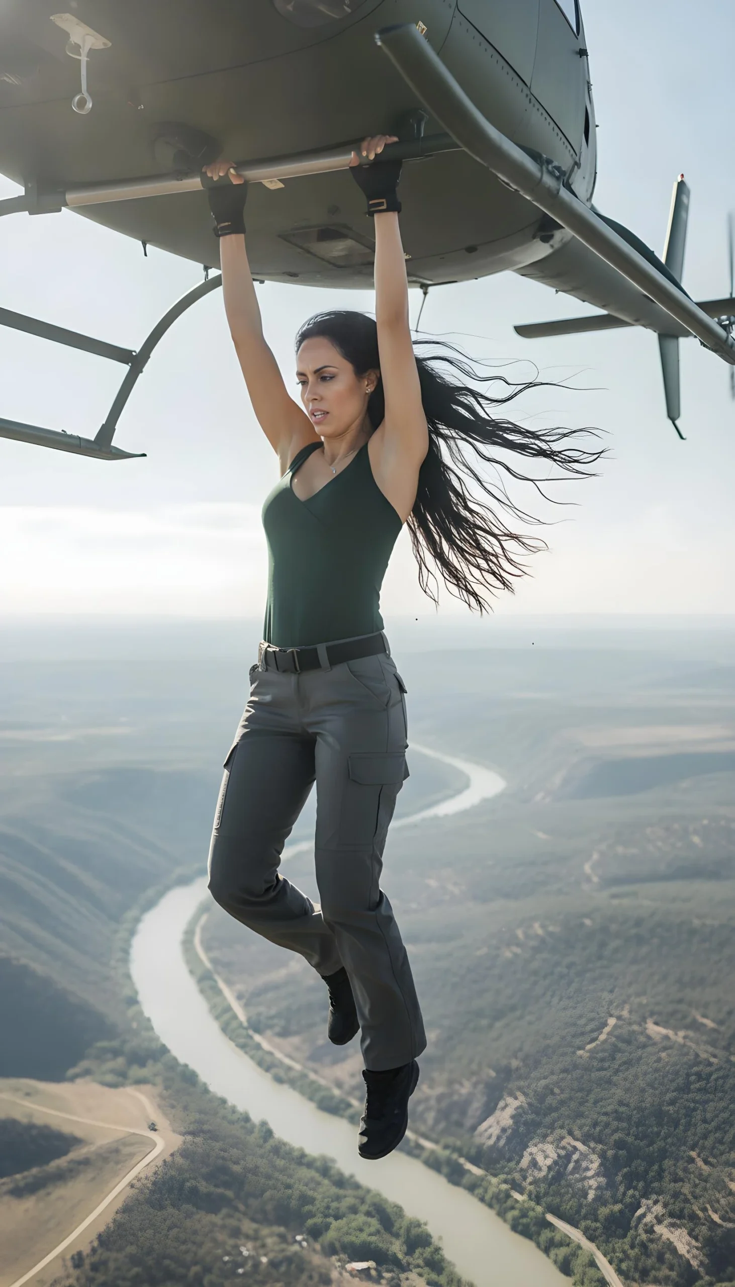 Woman hanging from a helicopter above a dramatic river valley
