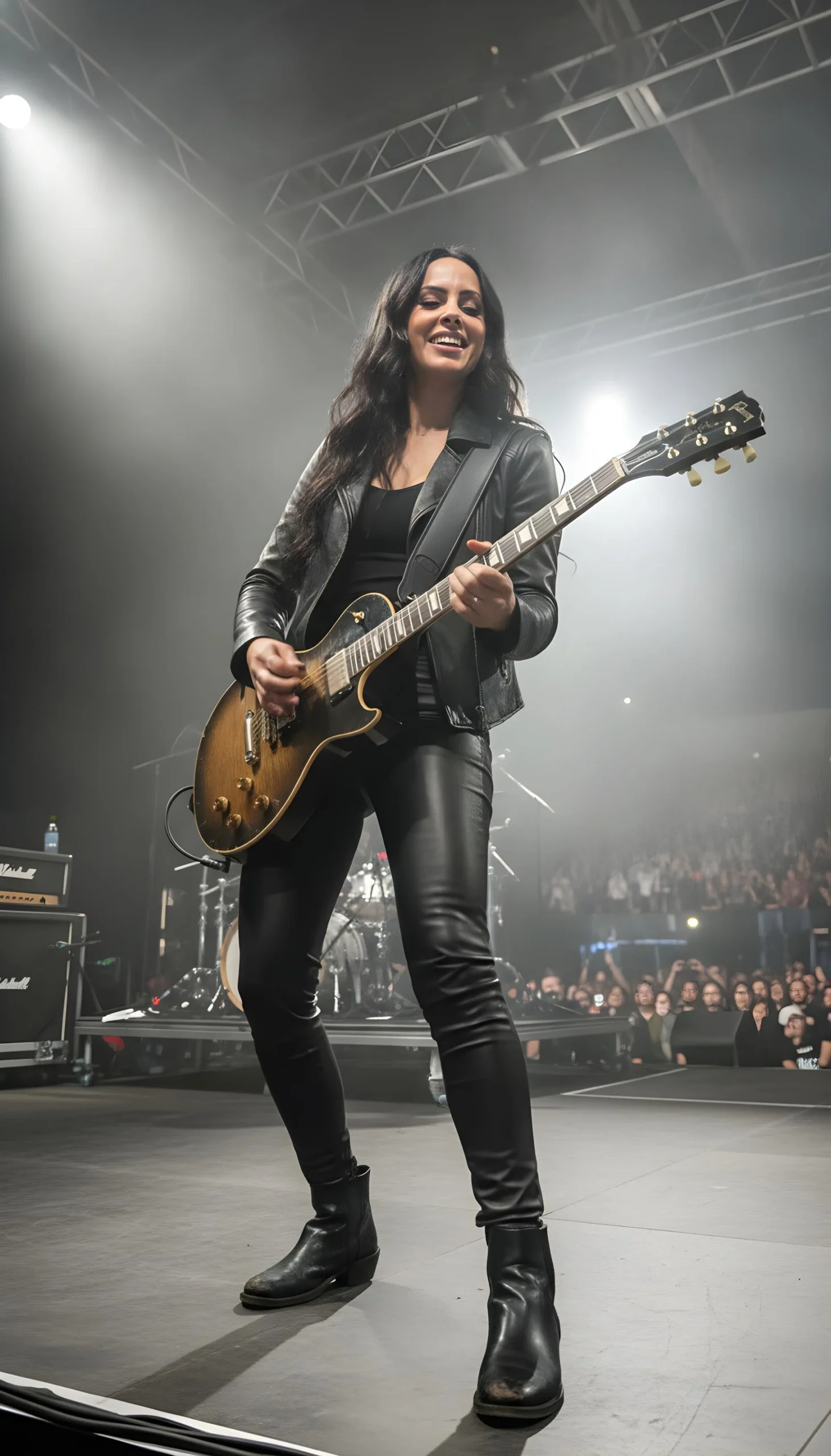 Woman transformed into a rock guitarist performing on a concert stage