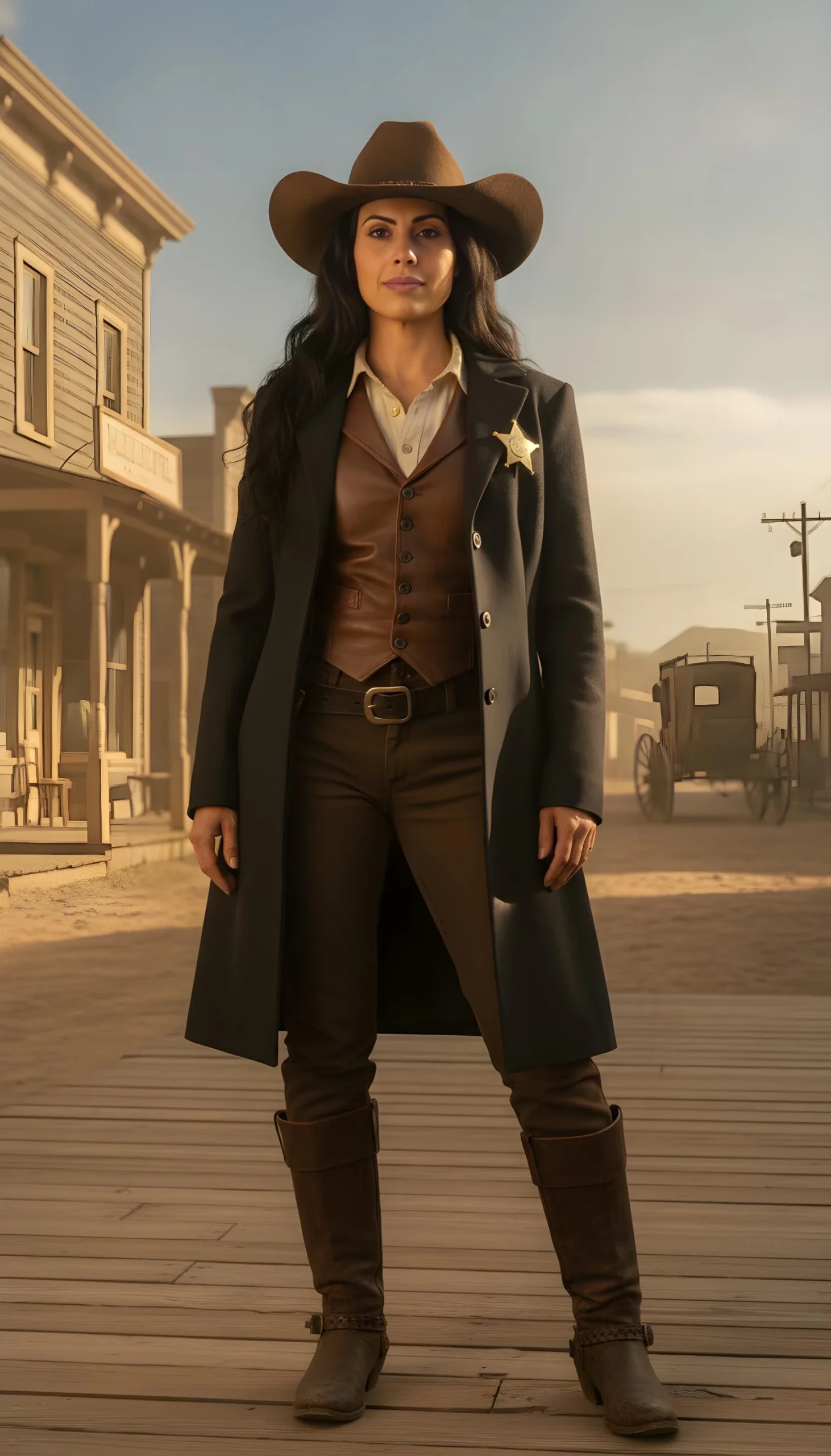 Woman transformed into an Old West sheriff standing on a Western town street