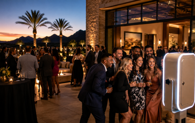 Guests enjoying a photo booth at a corporate event in Scottsdale, Arizona